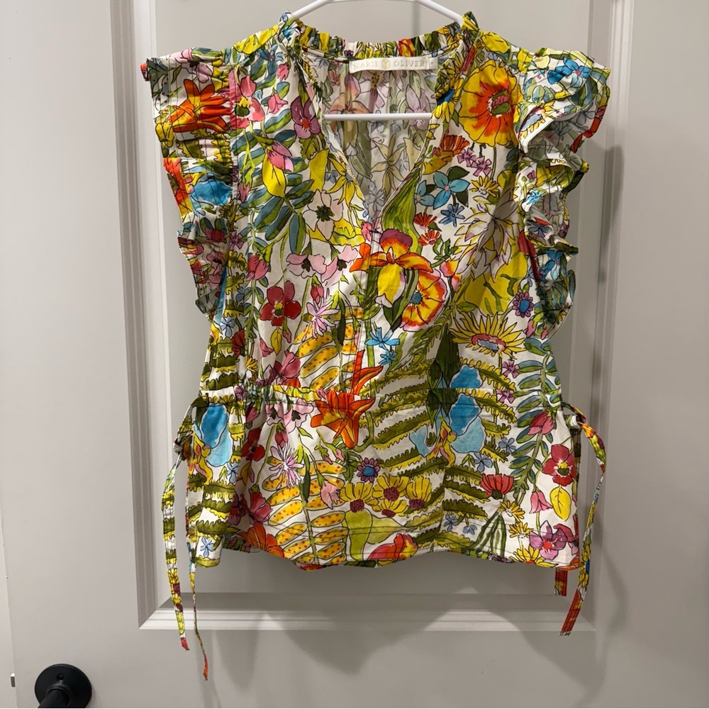 Marie Oliver Olive Ruffle Peplum Blouse Botanic Floral Cotton Poplin S Spring